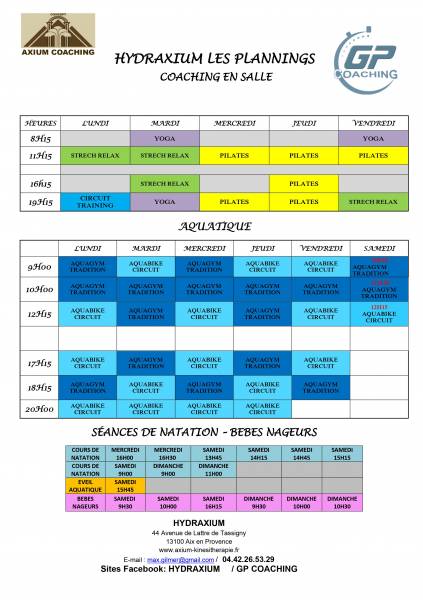planning des activités de coaching et d'aquafitness